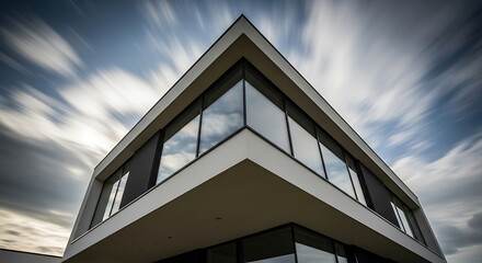 Low-angle shot looking up at the cantilevered corner of a modern luxury home, dramatic sky with clouds moving, emphasizing the architectural feat