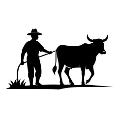 Farmer with ox plowing field in silhouette