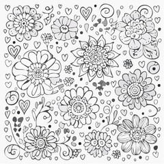 A charming collection of playful, hand-drawn doodle flowers with hearts and swirls, presented in a black and white sketchy line art style