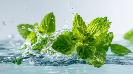 A close up shot of fresh green mint leaves with water splashing around them on a light background