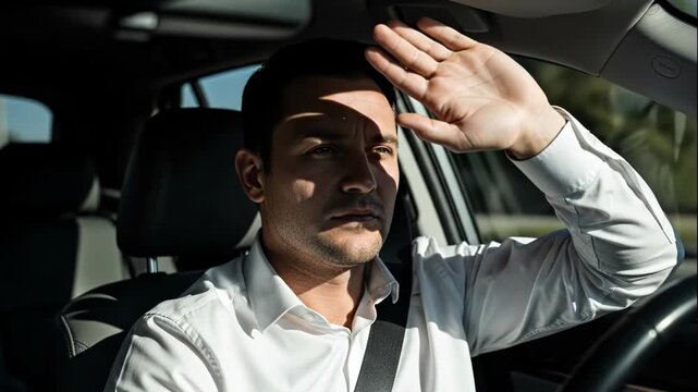 Man driving a car shielding his eyes from the bright sun glare with his hand while wearing a white shirt and seatbelt