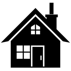 Simple black silhouette of a house with a chimney and windows