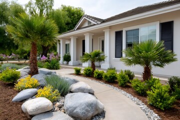 Fototapeta premium Modern house front yard landscape design with palm trees
