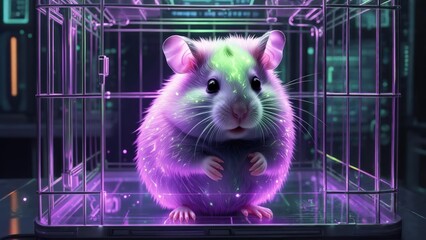 A glowing hamster, purple hues, in a metal cage with neon lights against a futuristic backdrop