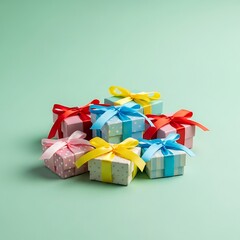 Stack of Colorful Gift Boxes on Green Background