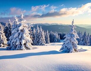 Snowy landscape featuring frosted evergreen trees and distant mountain ranges