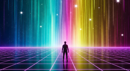 Silhouette of a person standing on a neon grid facing a colorful digital light spectrum