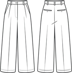 Women’s tailored wide leg trousers fashion flat sketch, front and back view with welt pockets, CAD drawing flat vector illustration