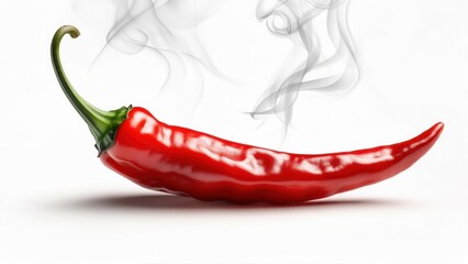 Vibrant red chili pepper, stem attached, with wispy smoke rising, isolated on white background