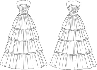 Women’s tiered gown fashion flat sketch with strapless bodice, ruffle neckline, elegant formal wear, CAD drawing flat vector illustration