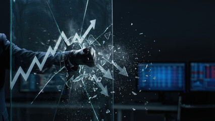 Fist breaks through glass with upward and downward arrows symbolizing ai risk controls in financial market volatility and uncertainty