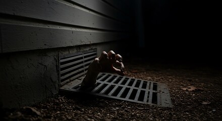 One Zombie Hand Minimalist horror photo focusing only on the foundation vent of a house, where a single zombie hand