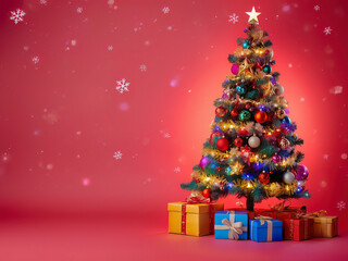 Obraz premium Festive Christmas and New Year banner featuring a bright winter arrangement of holiday elements. Red and white seasonal ornaments, wrapped presents and cheerful decorations are placed around the edges