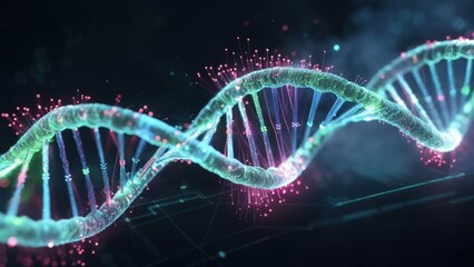 A glowing, stylized DNA double helix model with vibrant particles on a dark background