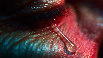 An Intimate Close-Up of a Tear Dropping from an Eye, Capturing the Depth of Emotion and the Play of Light on Skin, Highlighting Vulnerability and Human Experience in a Unique Perspective