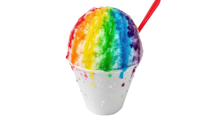 Rainbow shaved ice dessert with straw isolated on transparent background
