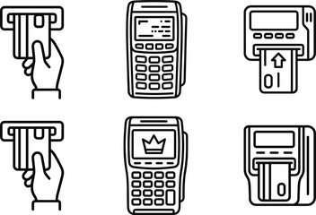 Payment card transaction and POS terminal icon set showing ATM card insertion, swipe machine, digital payment device and banking operations