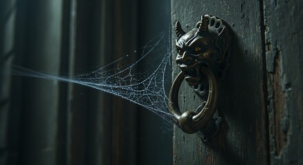 Photorealistic close-up of a decrepit Victorian mansion's front door. The door is splintered wood, adorned with a massive
