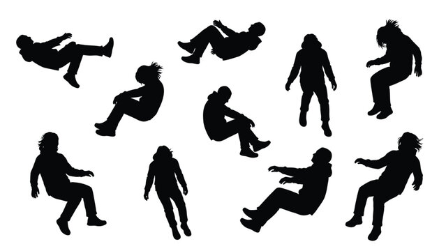 Floating and Falling People Silhouettes Set Isolated on White Background. Vector Illustration Collection of Figures in Weightlessness.