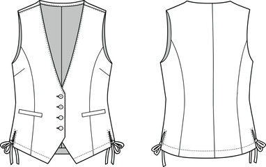 Women’s vest flat sketch, button closure design, fashion technical drawing, side tie detail, front and back cad illustration