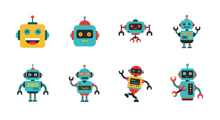 Obraz premium Collection of colorful cartoon robots in various poses isolated on white