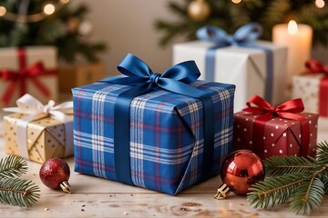 Wrapped in Warmth: Presents adorn a scene of celebration, presenting a symphony of textures, ribbons, and festive hues. A touch of evergreen, alongside the promise of gatherings, adds a special touch.