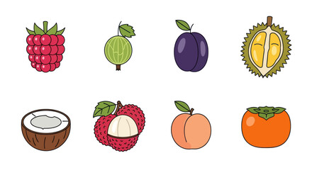 Collection of colorful fruit icons for healthy eating and design