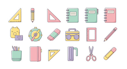 Collection of colorful school supplies icons isolated on white background