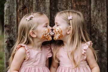 Sweet Kisses: Two adorable twin girls share a sweet moment as they playfully kiss each other, their faces adorned with delicious cookies.