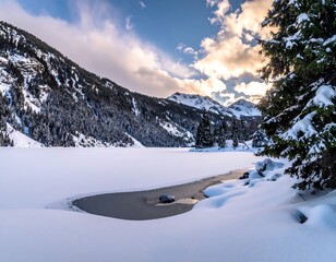 Snowy mountain lake scene under a cloudy sky