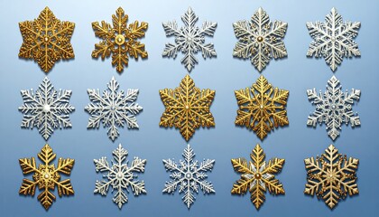 Collection of decorative gold and silver snowflake ornaments for winter holidays.