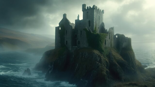 An imposing medieval stone structure, weathered and worn, perched dramatically on a coastal cliff - Powered by Adobe