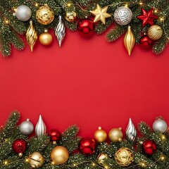 Festive Christmas Ornament Border on Red Background