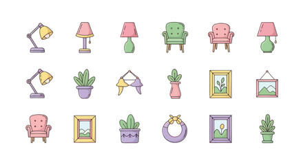 Collection of decorative lamps armchairs plants and picture frames on white