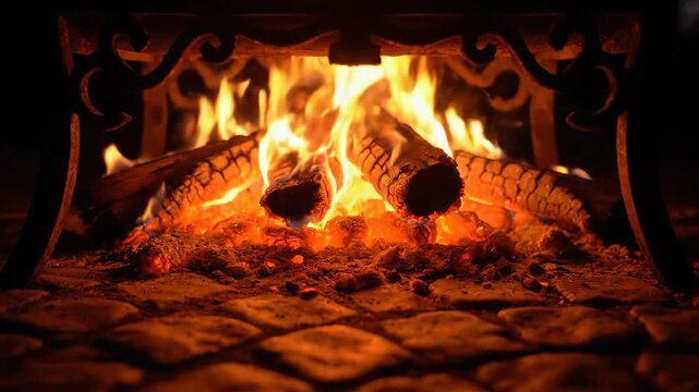 Burning firewood with orange flames on cobblestone hearth at night