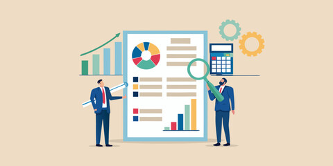 Obraz premium Business professionals analyzing financial reports and data with charts and calculator