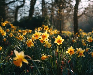 Obraz premium Field of Yellow Daffodils in a Sunlit Forest Clearing narcissus yellow flower