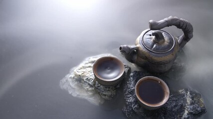 Traditional ceramic teapot and teacups with hot tea on stone rocks in misty natural setting - Powered by Adobe