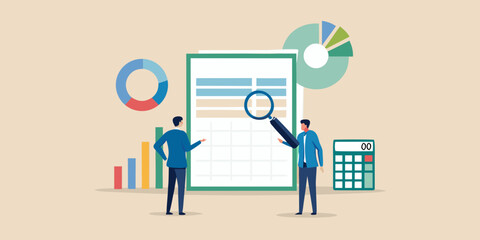 Business professionals analyzing financial data and charts with a calculator