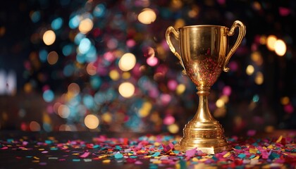 Golden trophy stands on dark surface with colorful confetti. Blurred bokeh lights in background create festive atmosphere for award ceremony victory celebration. High quality