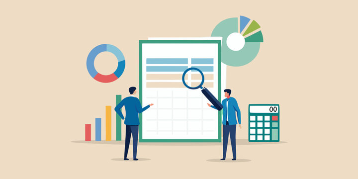 Business professionals analyzing financial data and charts with a calculator