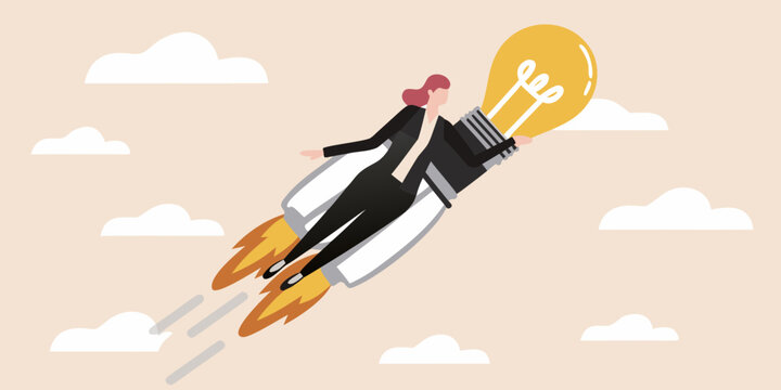 Businesswoman riding a rocket powered by a lightbulb symbolizing innovation and success