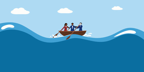 Diverse team rowing a boat together through choppy waters