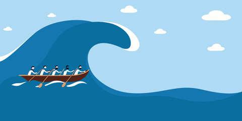 Obraz premium Team rowing in a boat against a giant wave