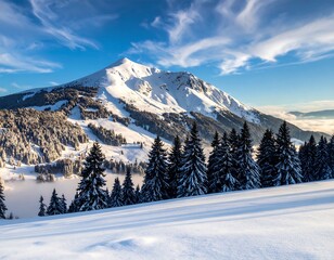 Snowy mountain landscape under a bright, partly cloudy sky