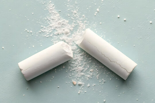 Broken white chalk with dust forming a subtle engraved marking on a pastel minimal background