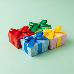 Colorful Gift Boxes with Ribbons on Light Green Background