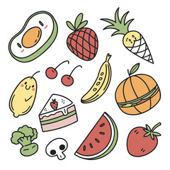 Cute cartoon food and fruit doodles with faces avocado