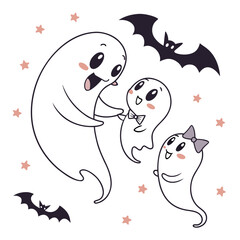 Cute cartoon ghosts and bats with stars halloween