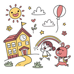 Cute cartoon school building with happy sun and children